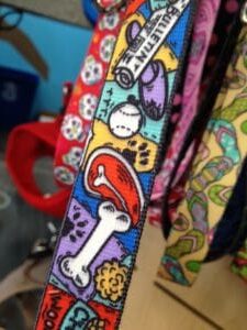 Colorful patterned collars on the original Bark Avenue shop display